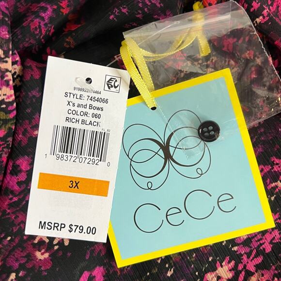 CeCe Womens Blouse Size 3X Black Pink Dark Floral Print Chiffon Long Sleeve - Picture 7 of 7